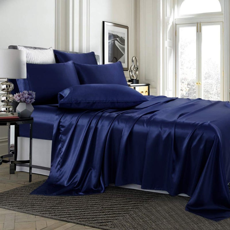 TREELY 6 Piece Queen Size Silky Smooth Navy Blue Satin Sheet Set with Deep Pocket, Fitted Sheet, Flat Sheet, 4 Pillowcases - Image 2